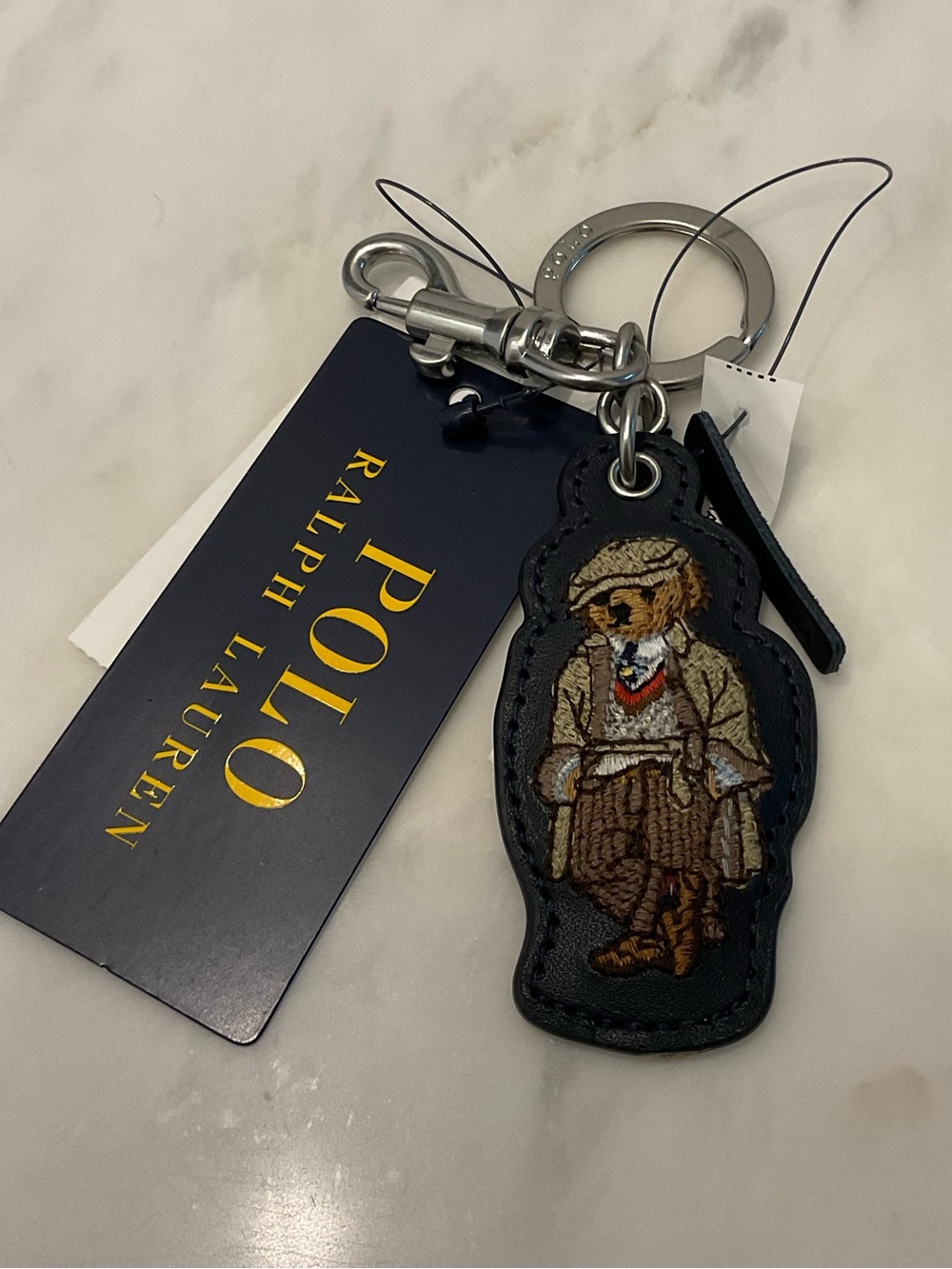 NEW Polo Ralph Lauren HERITAGE BEAR - LEATHER Key Ring Keychain - NAVY BLUE